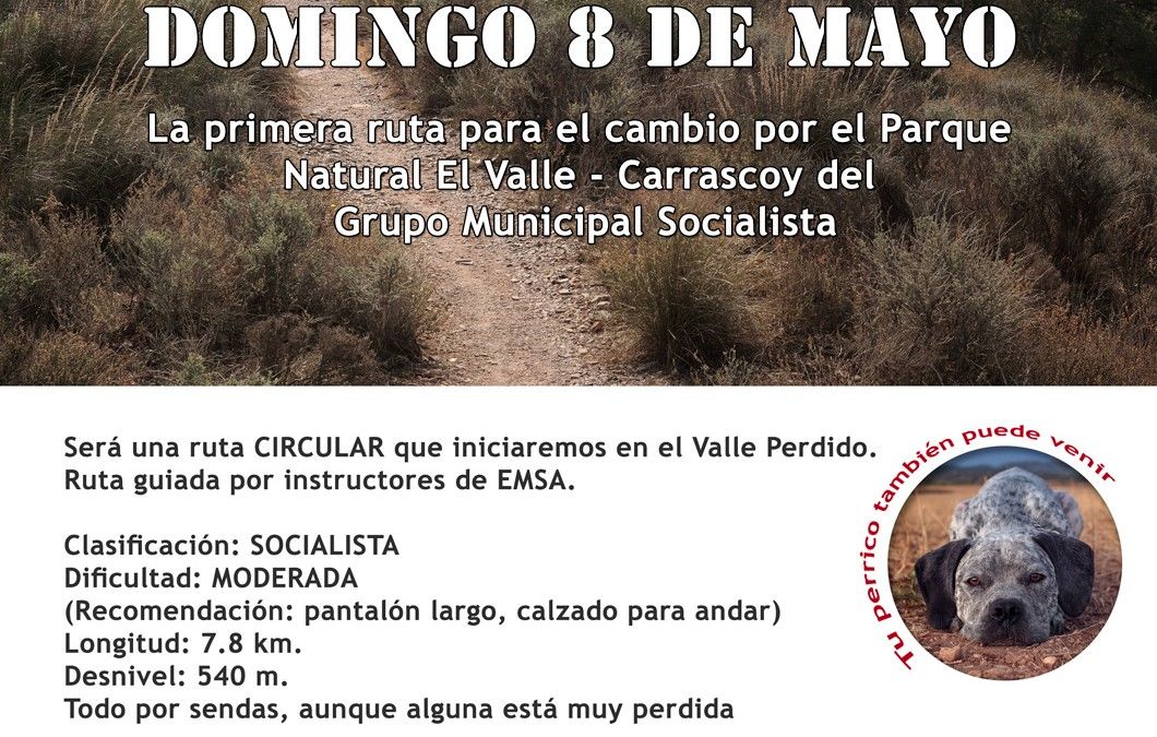 El Grupo Municipal del PSOE organiza el domingo una Ruta Senderista para el Cambio
